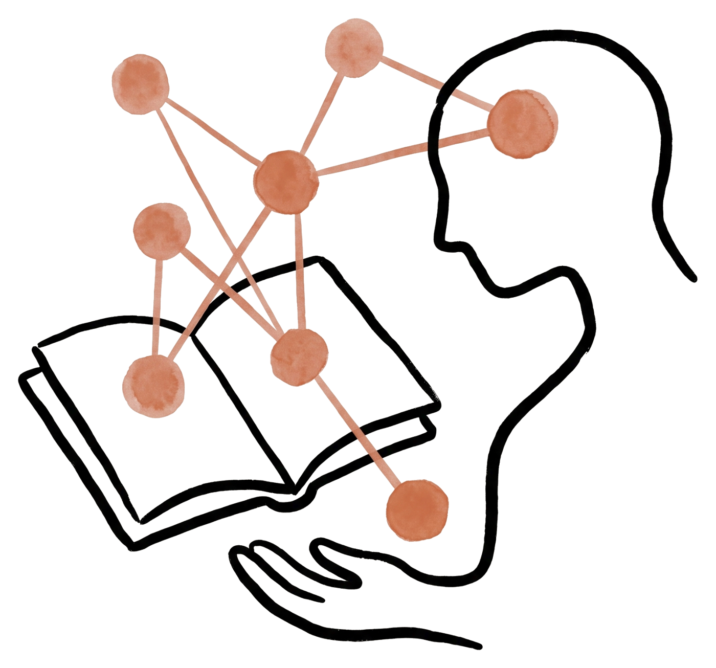 A person reading a book, with connected ideas rising from the page